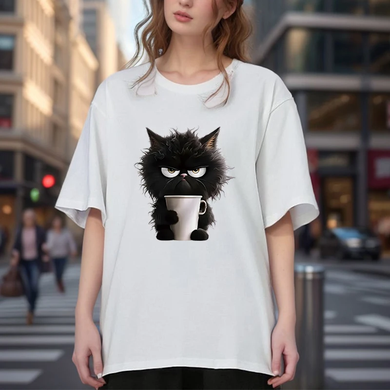 Funny Cat Women Summer White Print T-shirt Girl Casual Short Sleeve O Neck Top Harajuku Short Sleeve Casual Aesthetic Clothes