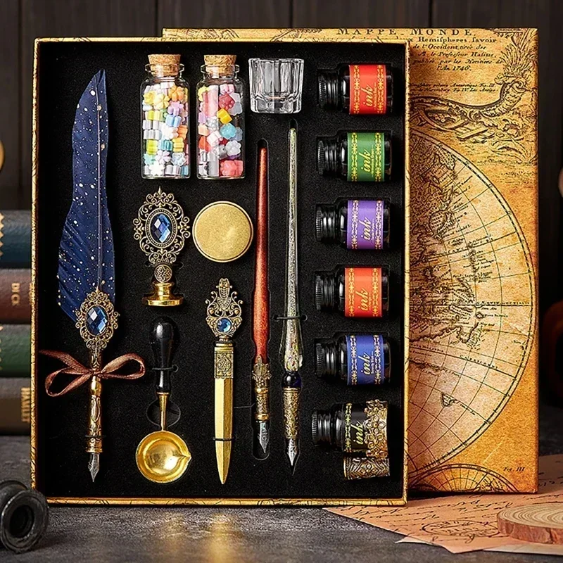 

17pcs Antique Sprinkling Feather Dip Pens Ink Vintage Calligraphy Pen Set Fountain Art Supplies Crafts Gifts for Student DIY