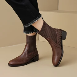 NEW Autumn Women Boots Split Leather Shoes for Women Round Toe Chunky Heel Shoes Slip-on Ankle Boots Concise Knit Designer Boots