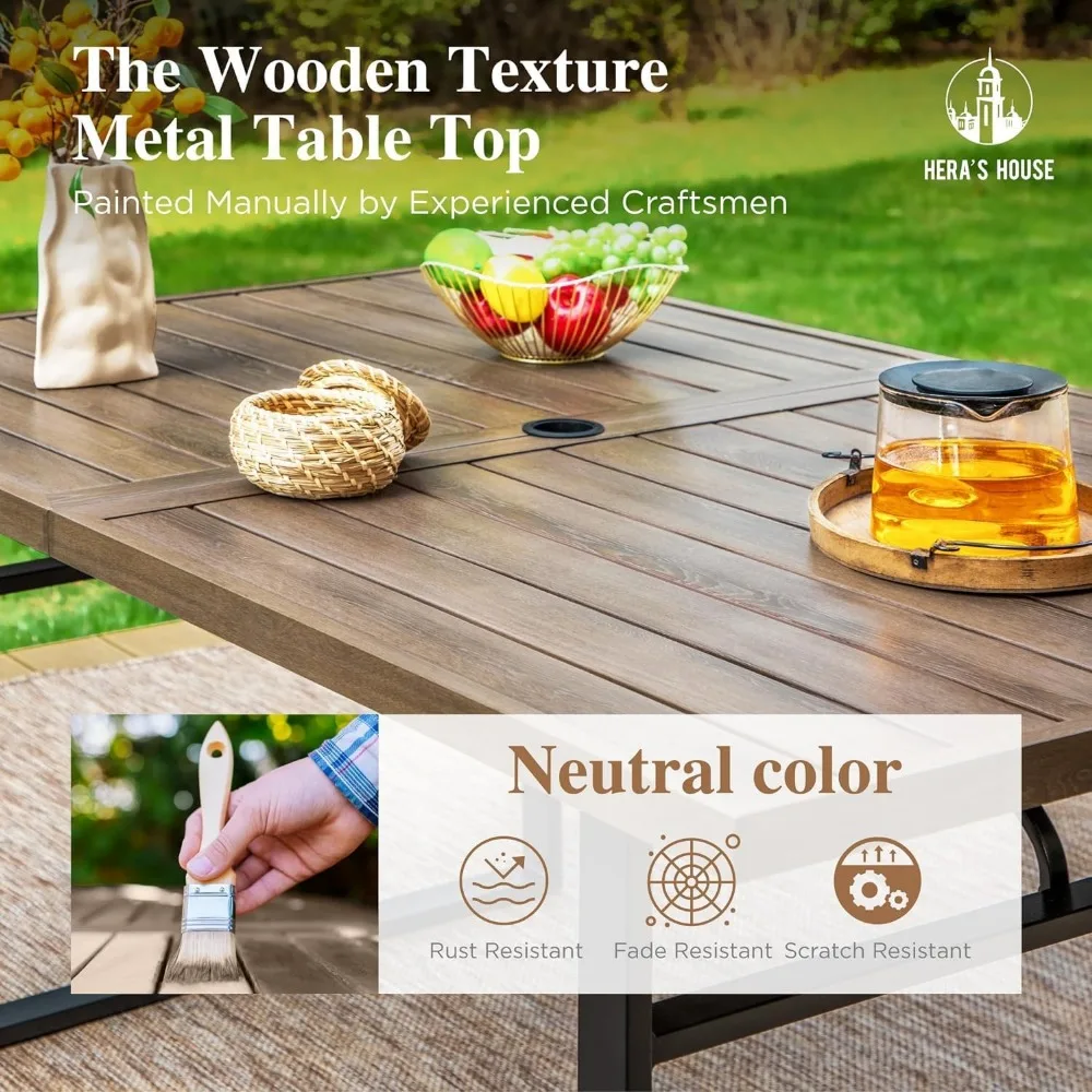 hera's house 7 pieces patio dining set, table and chairs set for 6, 6 x stackable metal chair, 1 x 64 outdoor metal dining table