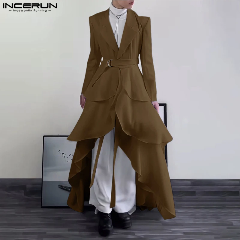 INCERUN Men Irregular Blazer Solid Color Lapel Long Sleeve Casual Suit Men Streetwear 2025 Ruffle Fashion Male Long Style Blazer