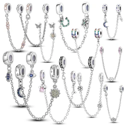 925 Sterling Silver Stars Moon Clover Safety Chains Charms Beads Fit Original Bangle Bracelets DIY Jewelry Gift For Women