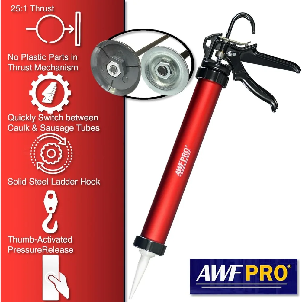 AWF PRO Sausage Caulk Gun - 20 oz Foil Pack / 10 oz Cartridge Convertible, 25:1 Thrust, Aluminum Sausage Caulking Gun,Pack of 6