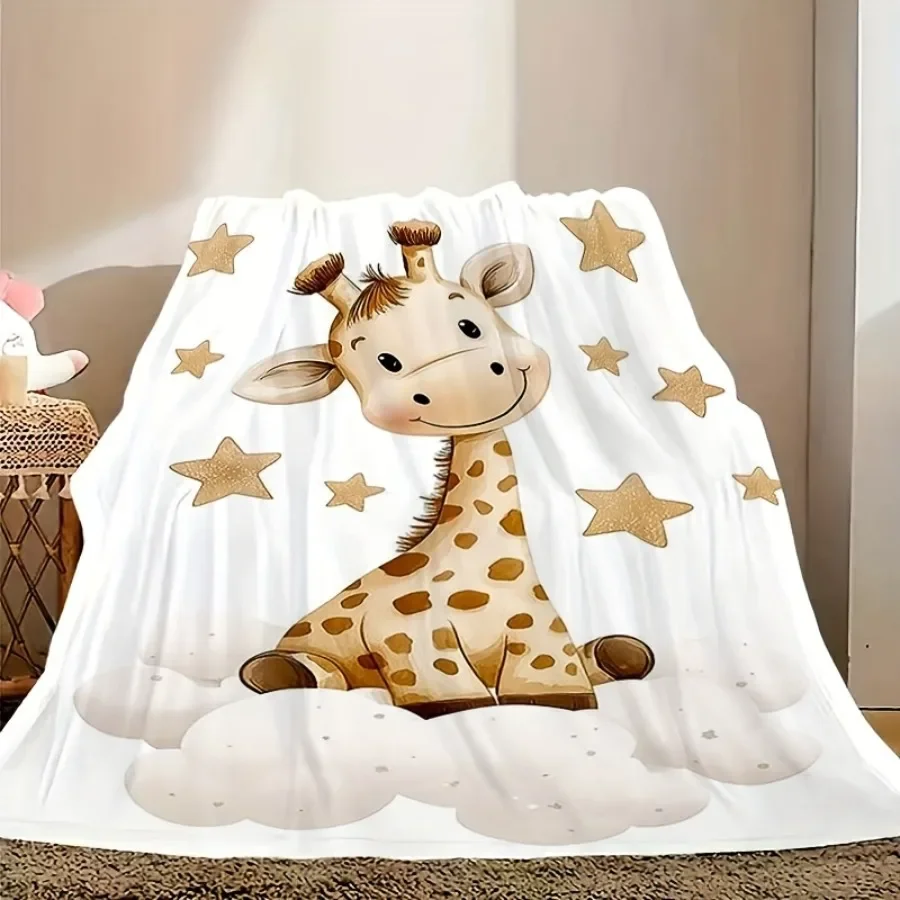 A Single Flannel Blanket Showcasing an Adorable Giraffe Perched on Clouds Surrounded by Sparkling Stars - Ideal for Warm Naps An
