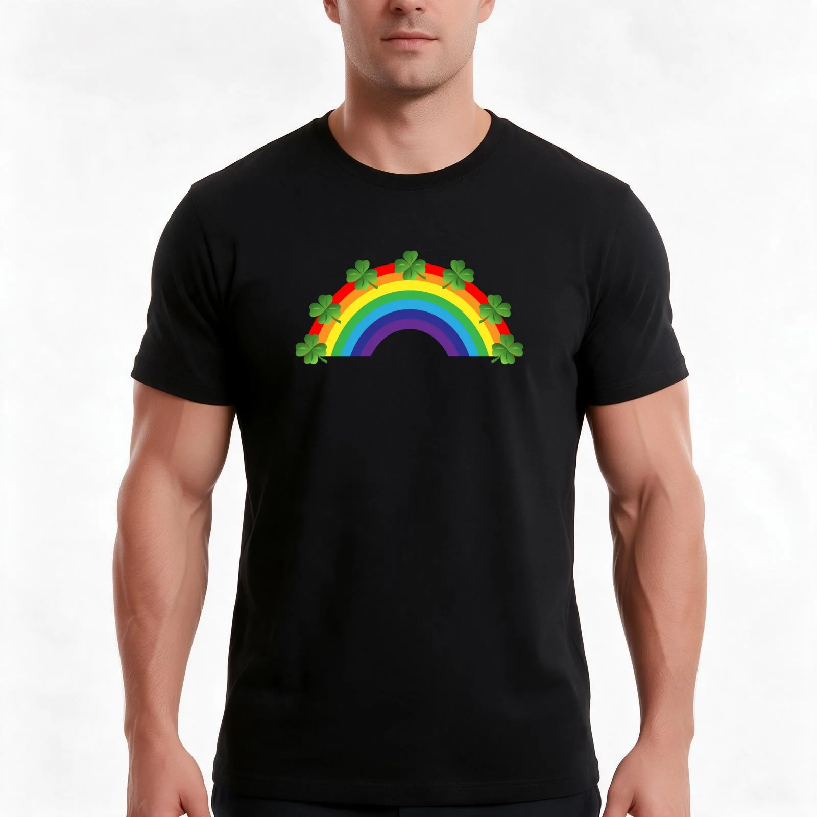 Rainbow Four Leaf Clovers T-Shirt, Summer Casual Cotton Tee, Oversized Streetwear Tops, Vintage Graphic Print, Unisex Men Women
