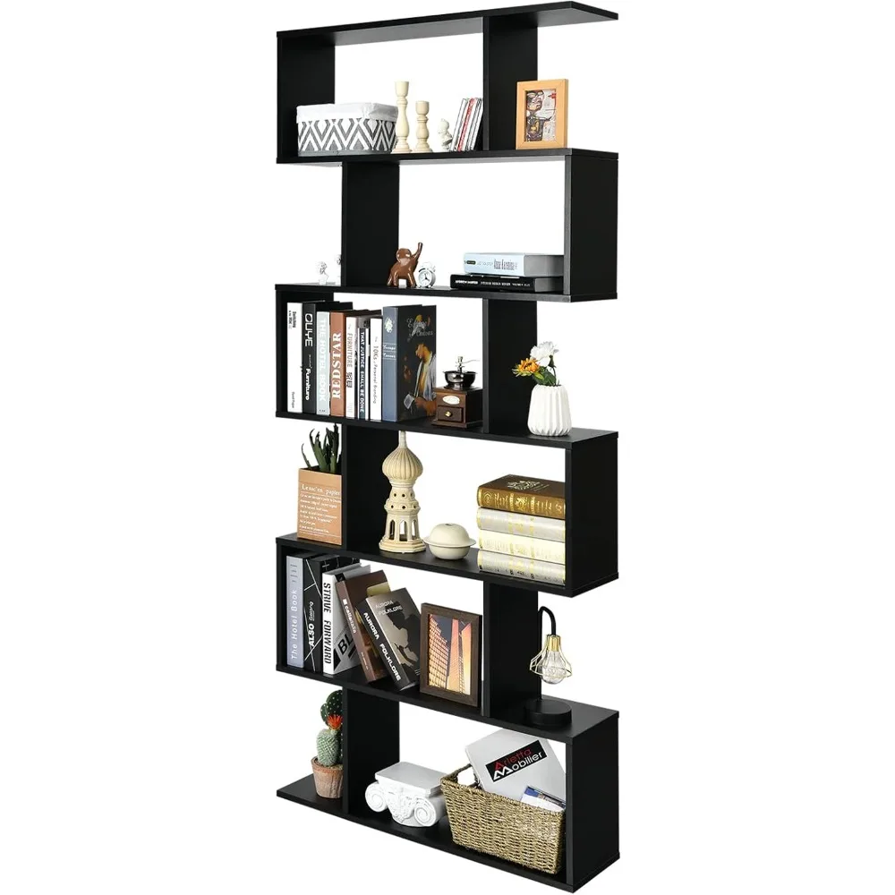 

Geometric Bookcase Black, S-Shaped Wooden Bookshelf, 6-Tier Modern Freestanding Decorative Storage Display Shelves