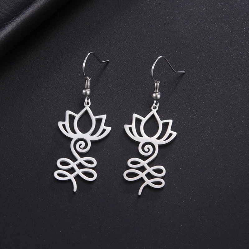 LIKGREAT Lotus Flower Drop Earrings Unalome Symbol Earrings For Women Vintage OM Buddhism Stainless Steel Spiritual Jewelry Gift