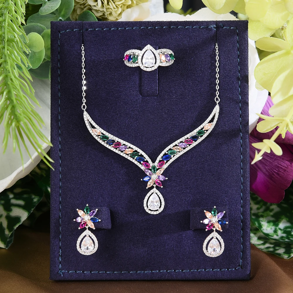 

Siscathy Clavicle Chain Cubic Zircon Bride Wedding Party Dress Jewelry Set For Women Luxury Pendant Necklace Earrings Rings Gift