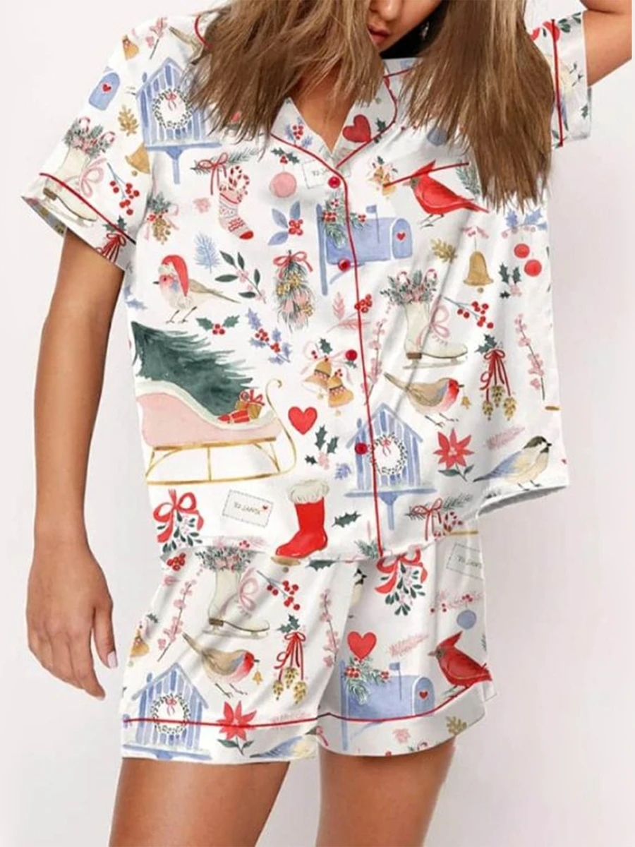 Women Comfy Two Piece Pajama Set Y2K Cartoon Printed Satin Silky Short Sleeve Button Shirts Wide Leg Shorts Pjs Loungewear