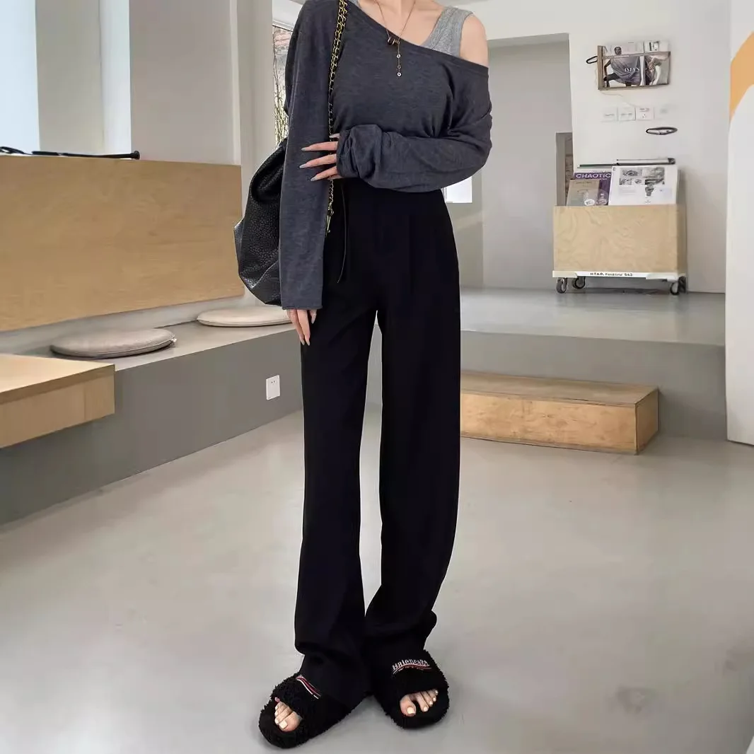 

Black Suit For Women In Spring Summer, New High Waisted Slim Fit Wide Pants, Loose And Casual Floor Length Straight Leg Pants