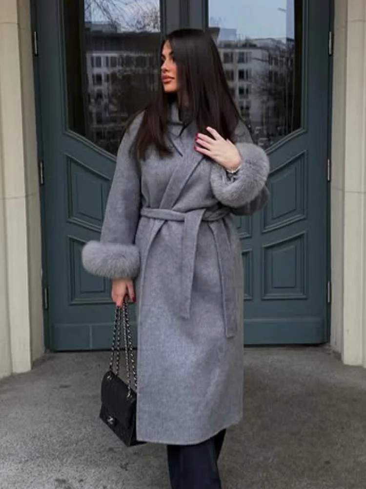 

Elegant Faux Fur Sleeve Woolen Jacket With Belt Women 2025 Winter Lace Up Long Coats Fashion Office Lady Outerwear High Street