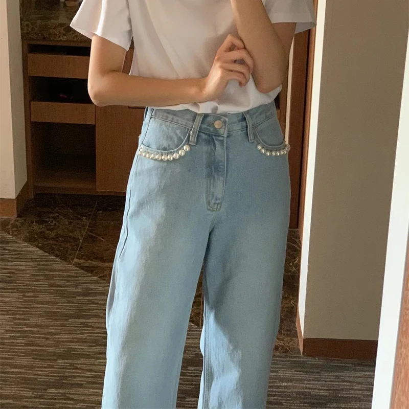

High Waist Straight Leg Jeans Women's Long Pants Pearl ket Decoration Torn Chic Retro Versatile Slimming Denim Jeans