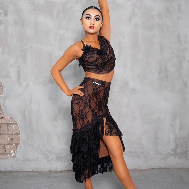 Adults Chacha Latin Dance Clothing Sexy Lace Latin Top Split Skirts Women Laitn Dance Costumes Stage Competition Wear SL9165