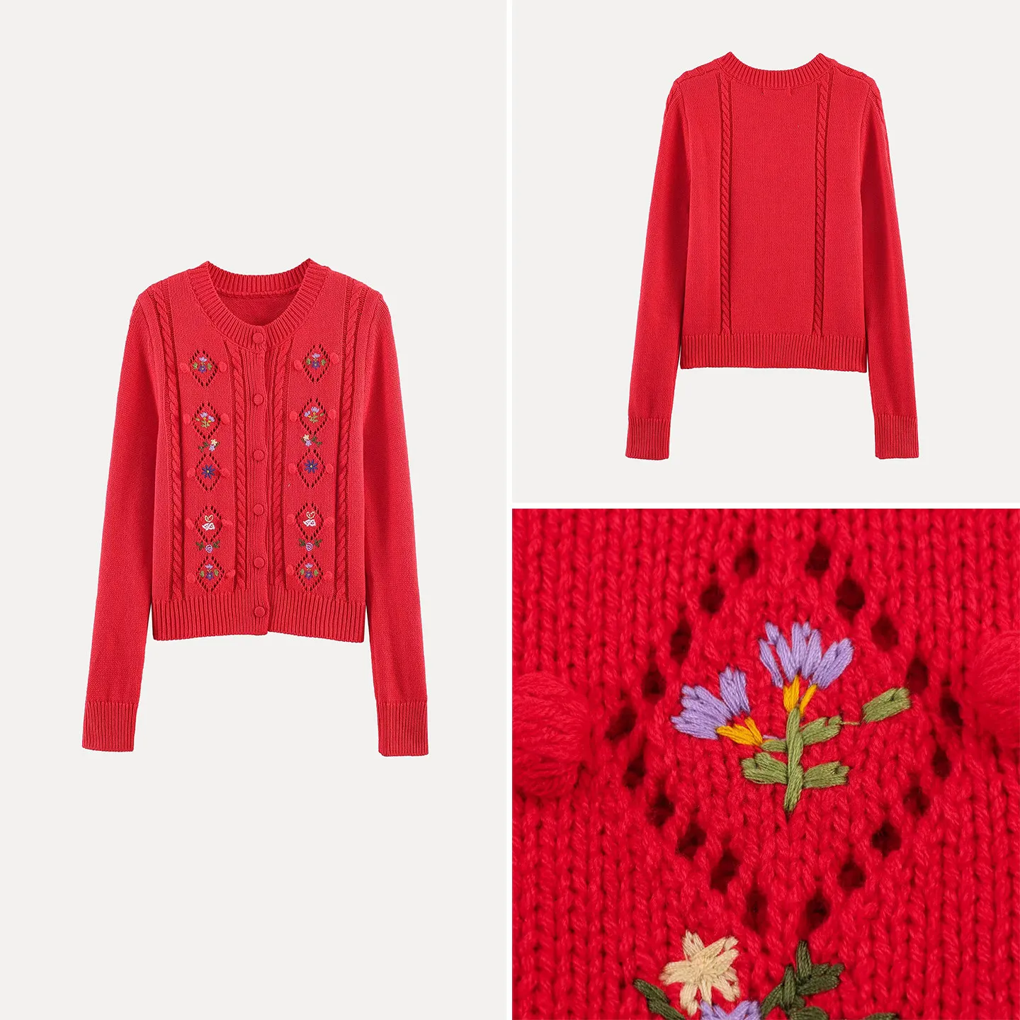 

2025 Winter New Fashion Women's Red Knitted Embroidered Hollow Floral Design Open Cardigan Long Sleeve Ladies Sweater