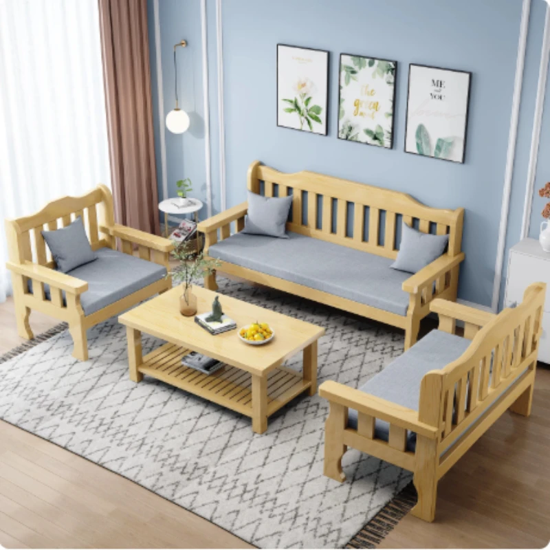 Solid wood bench combination sofa small apartment simple leisure living room retro balcony new Chinese style office wooden sofa