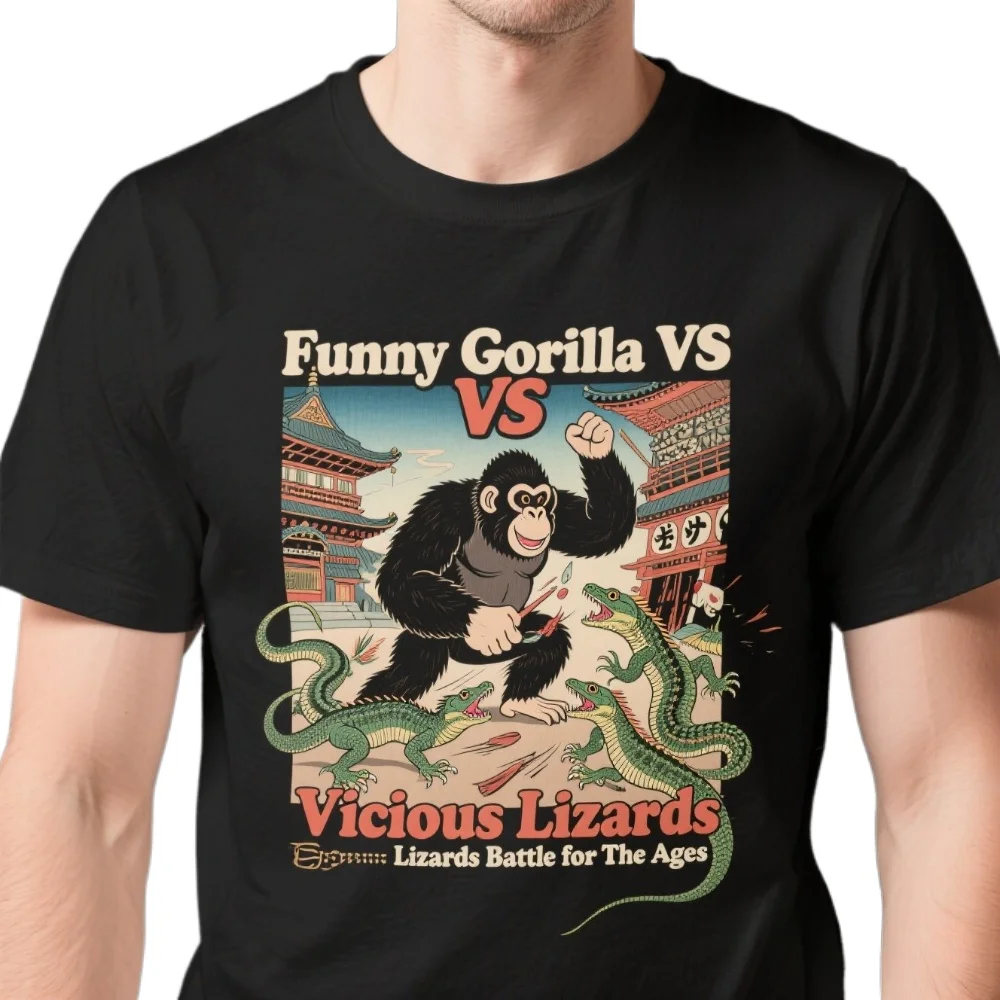 Funny Gorilla VS Vicious Lizards Battle for The Ages Japanese Ukiyo T-Shirt 100% Cotton O-Neck Short Sleeve Casual Mens T-shirt