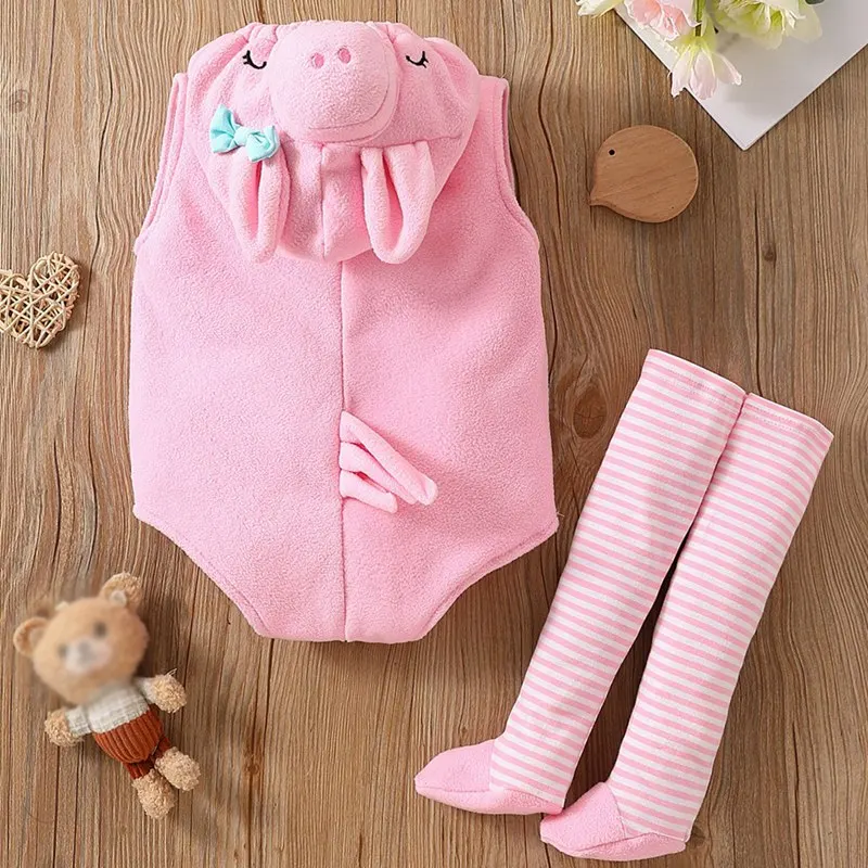 2pcs Baby Romper Set with Socks Pink piglet Cartoon Spring Infant Clothing Suit Autumn Long Sleeve Baby Climbing Clothes 0-12M