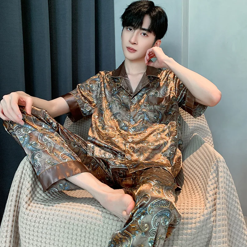 Summer Men's Short Sleeved Top Elastic Waist Pants Pajama Set Casual Printed Pajamas Men's Comfortable Home Clothes 2 Piece Set