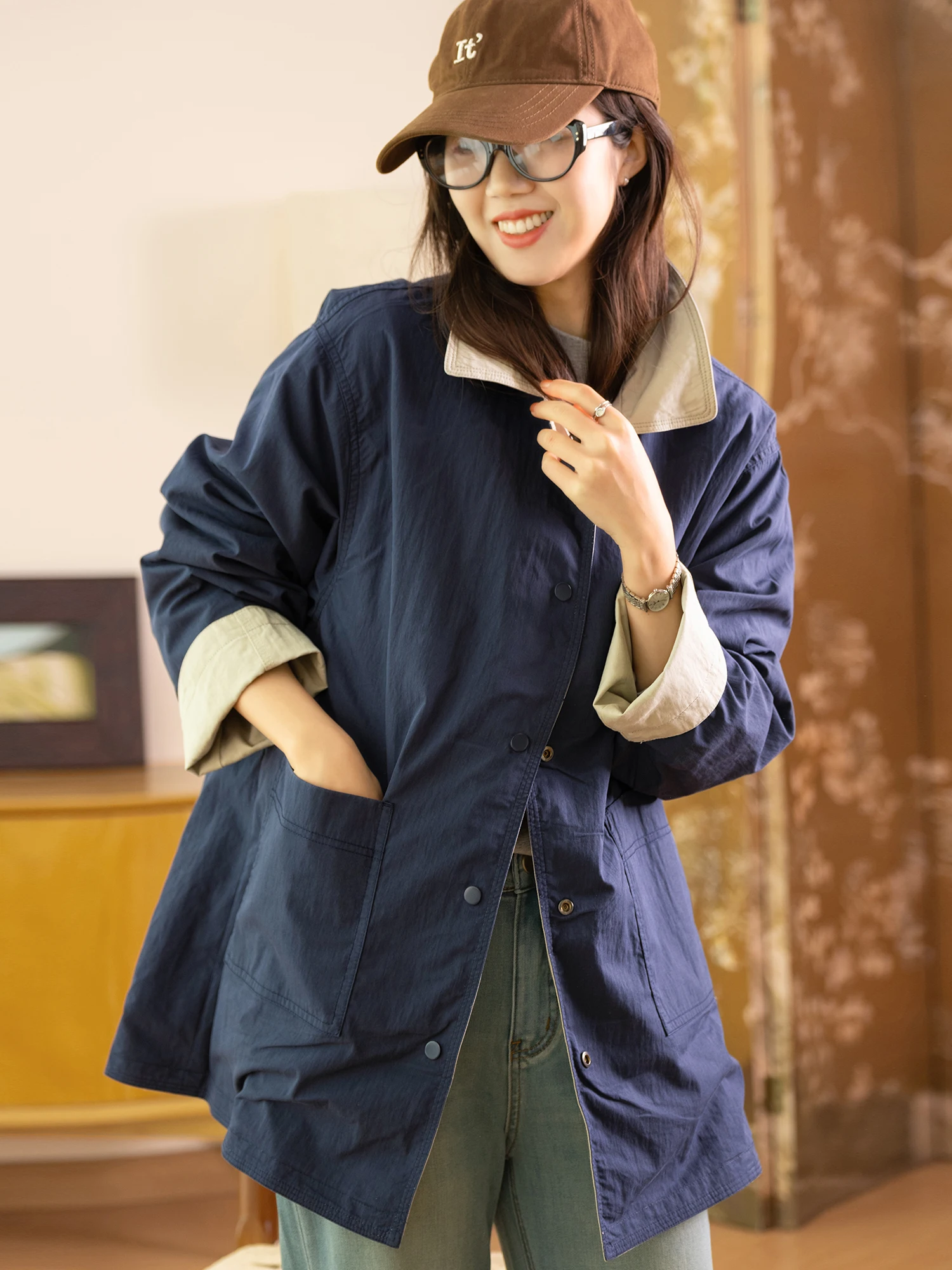 

Slimming Effectiveness Casual Style Long Sleeve Cotton Blend Outerwear Women's Loose Fit Outer Jacket Color Block Design