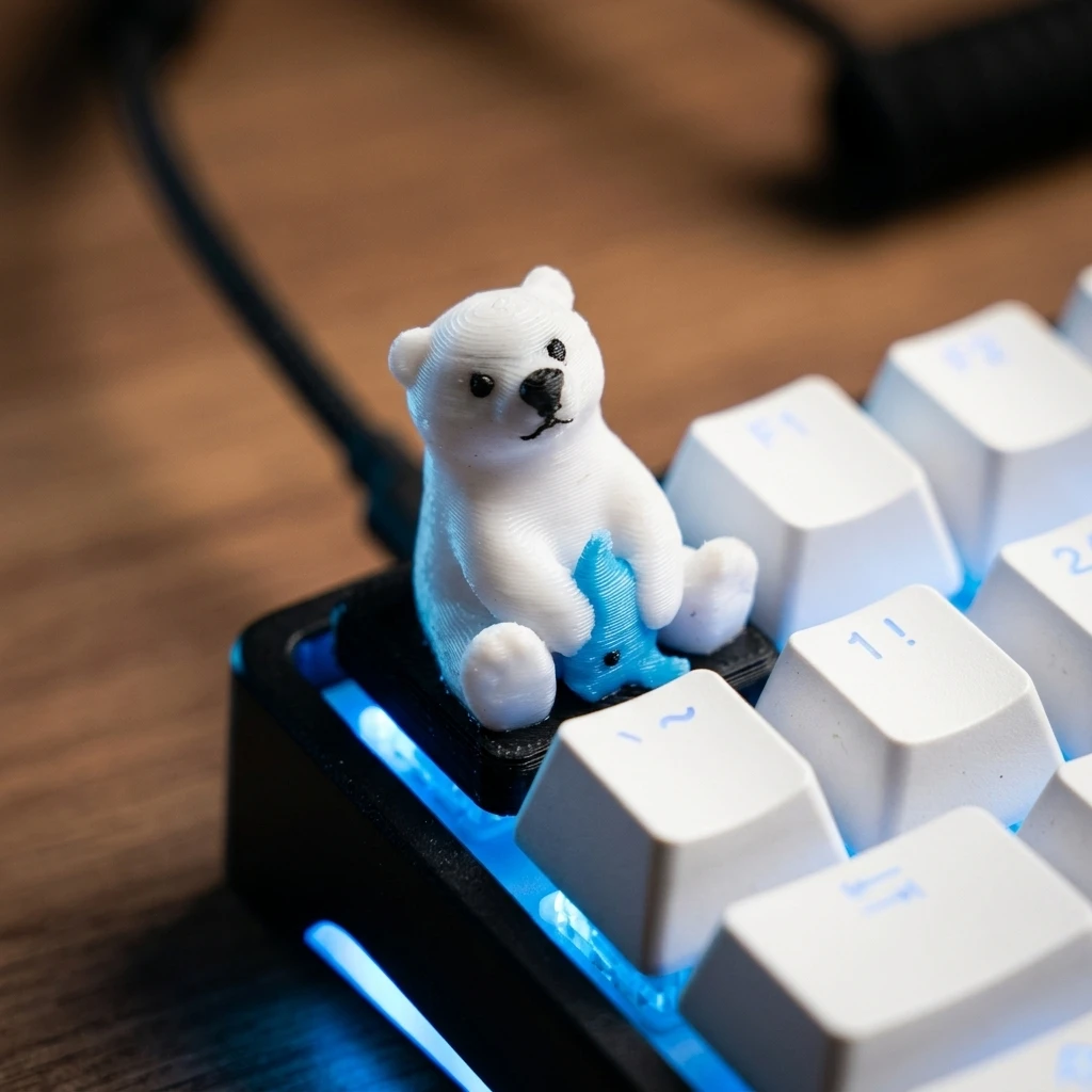 Cute Polar Bear Artisan Keycap 3D Printed White Bear Holding Fish Cap Cherry MX Switch Mechanical Keyboard Desk Setup Gift