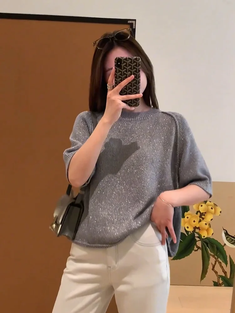 

Модный вязаный блестящий топ больших размеров, утягивающий, летний, новинка, в корейском стиле, для повседневной носки, женская футболка