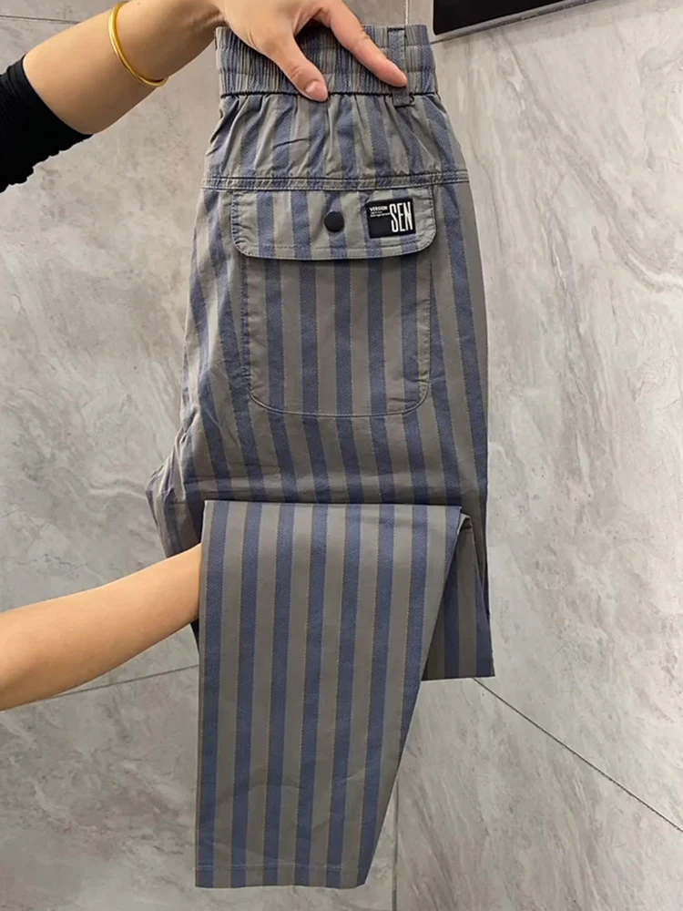 2024 Men's Stripe Casual Pants Summer Thin High-end Slim Harlan Pants Breathable Slim Straight Long Pants Youth Active Style