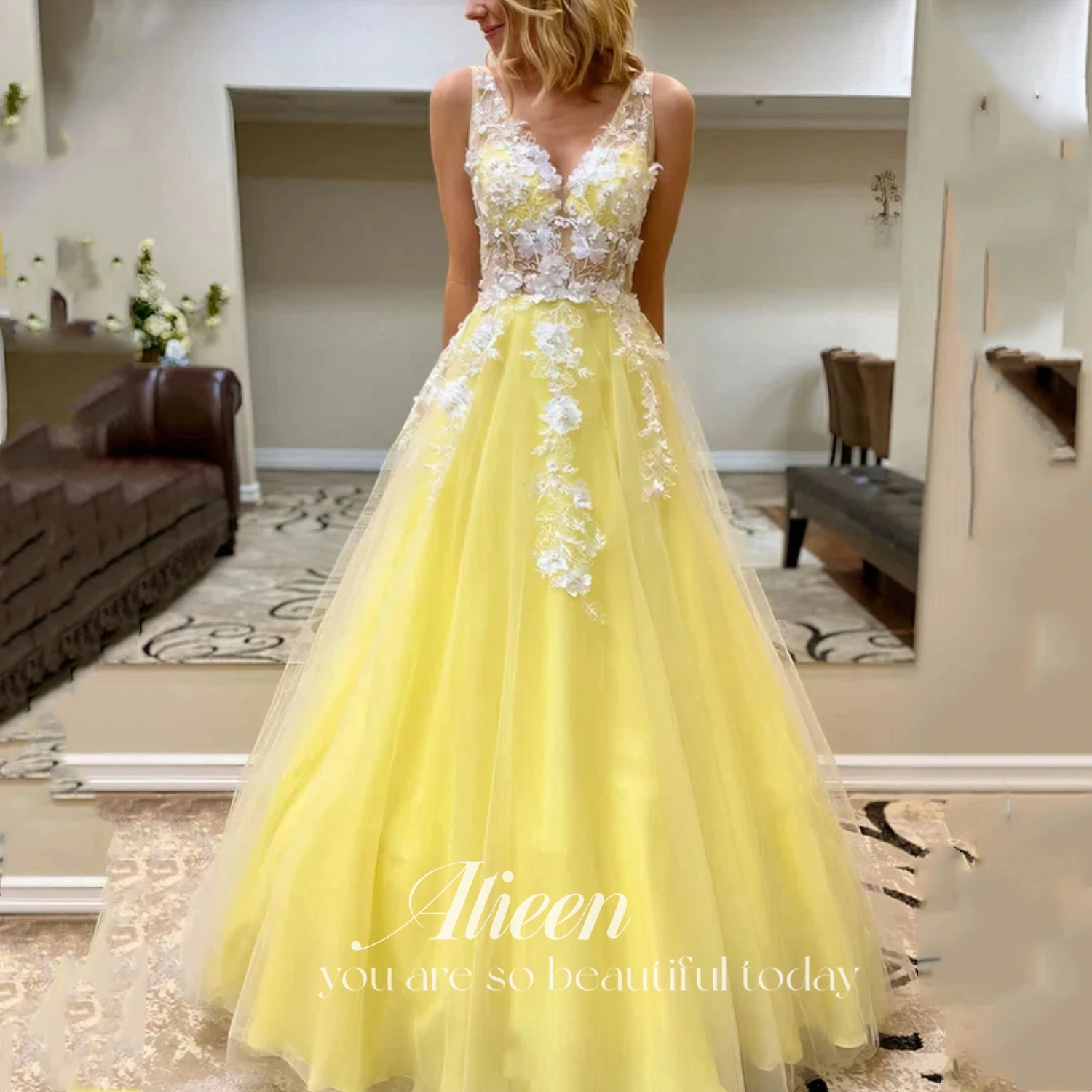 Aileen V-ling Decal Long Dresses for Wedding Party Dress Women Elegant Luxury Mesh Line A Prom Dresses 2023 Luxury Gown Evening