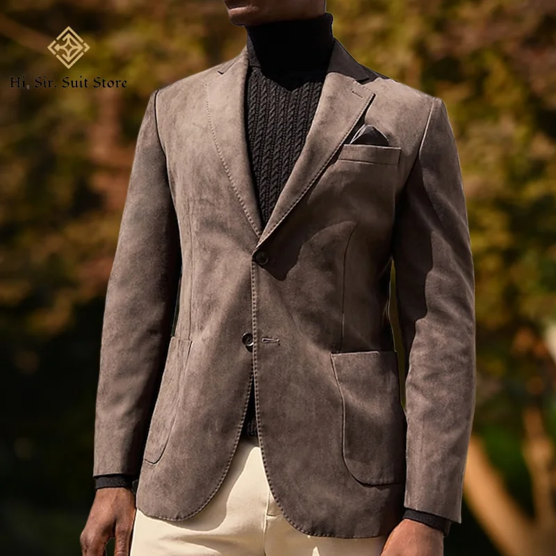 ملابس خارجية للرجال لخريف/شتاء من جلد الغزال المخملي غير رسمية بقصة ضيقة وطية صدر مدببة سترة واحدة الصدر مصممة بدلة رجالية على الطراز الأوروبي #3