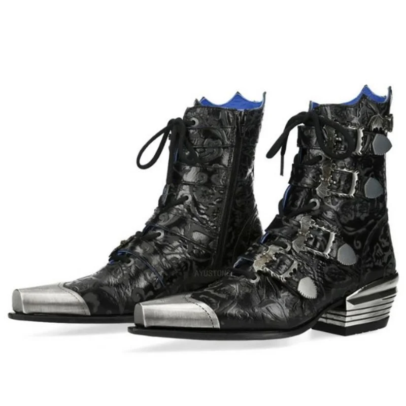 Metallic trim pointy toe men women boots high platform chunky heel black fashion boots lacing rivets new Chelsea boots 35-45