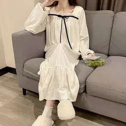 Women Nightgown Korean Sleepwear Square Collar Nightwear Solid One Piece Pajamas Ruffles Autumn Sleeping Night Dress Female New