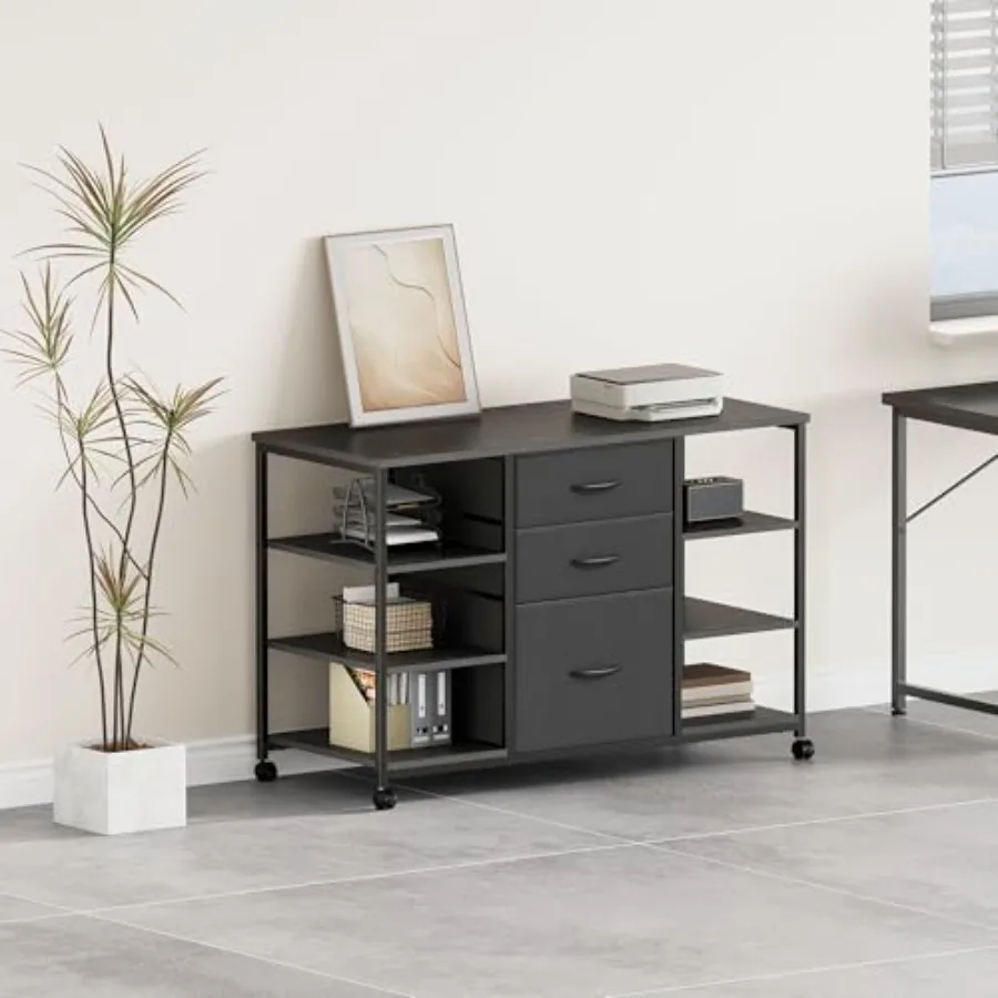 Mobile File Cabinet, Lateral Filing Cabinet with 3 Fabric Drawers, Rolling Printer Stand with 4 Open Storage Shelf for Home Off