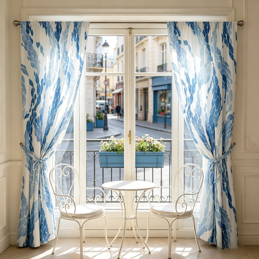 2PCS Curtains, White Base with Blue Watercolor Feather Pattern, for Bedroom, Living Room, Rod Pocket Style