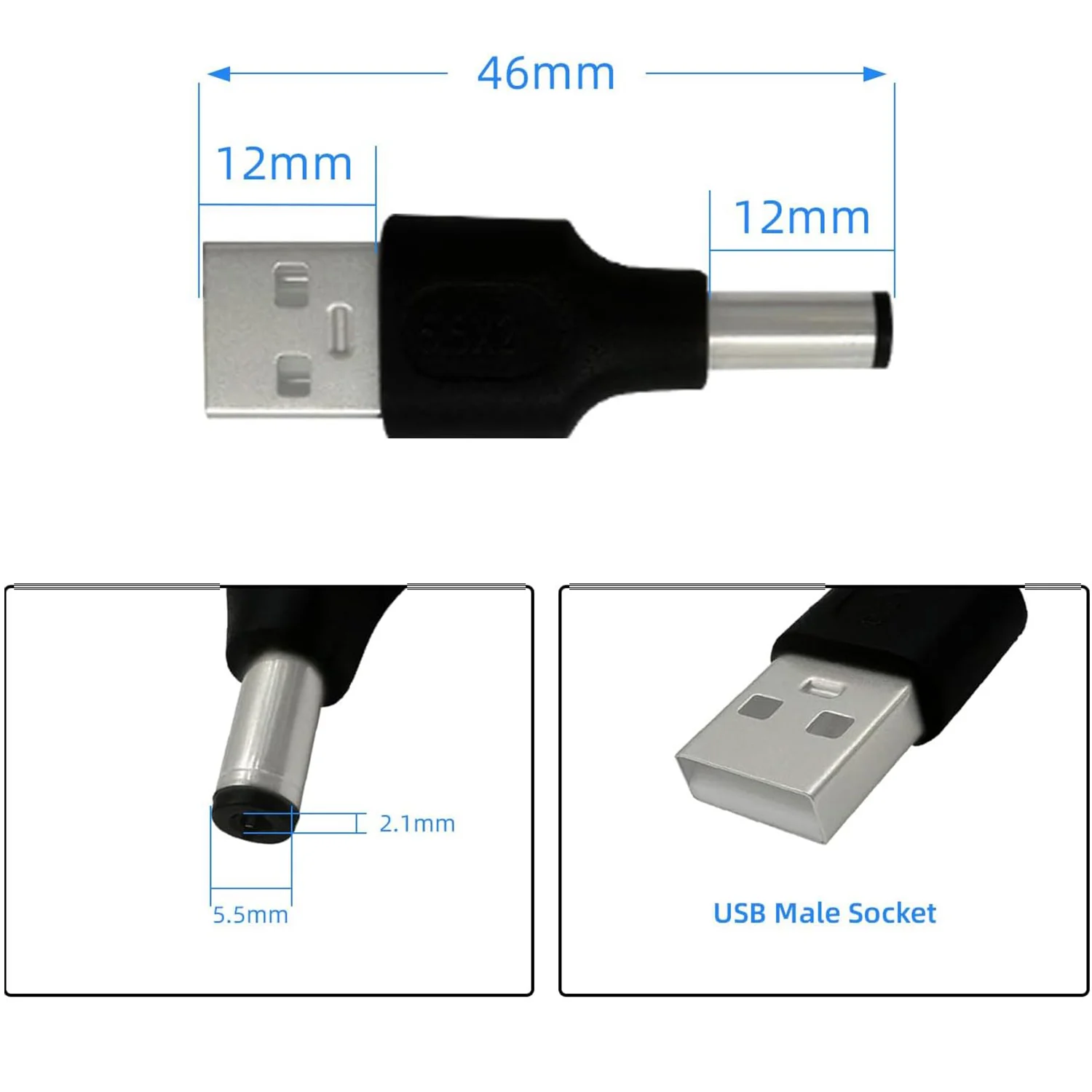1pc USB 2.0 Type A Male To 5.5mm X 2.1mm Plug 5V DC Power Supply Adapter Connector for Small Electronics Charging