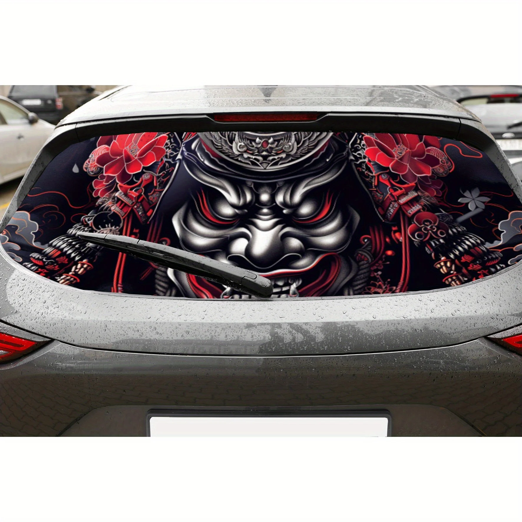 

Oni Mask Samurai PVC Perforated Car Vinyl Wraps, Durable Car Rear Windshield Sticker, Waterproof Car Rear Window Decal, Privacy