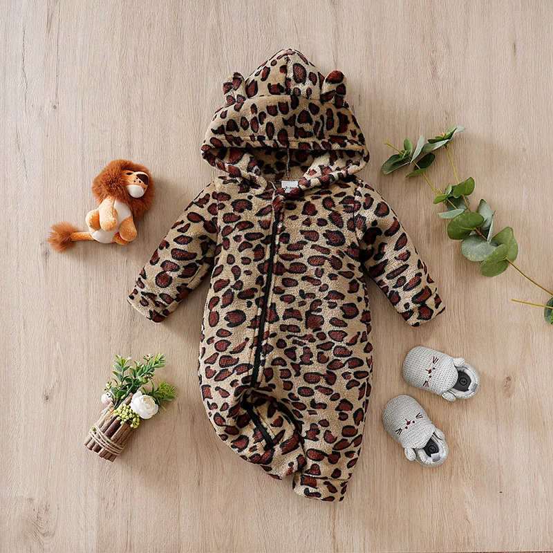 Winter Baby Long-Sleeve Hooded Romper 0-18Months Boys and Girls Baby Warm & Cozy,Thick Leopard Print 2025 Newborn  baby clothes