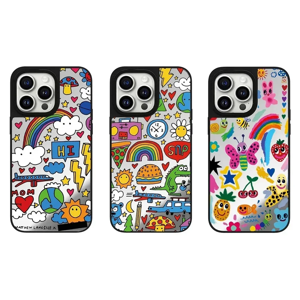 Mirror Surface MagSafe Cartoon Rainbow Pattern iPhone 11 12 13 14 15 Pro Max Protective Case