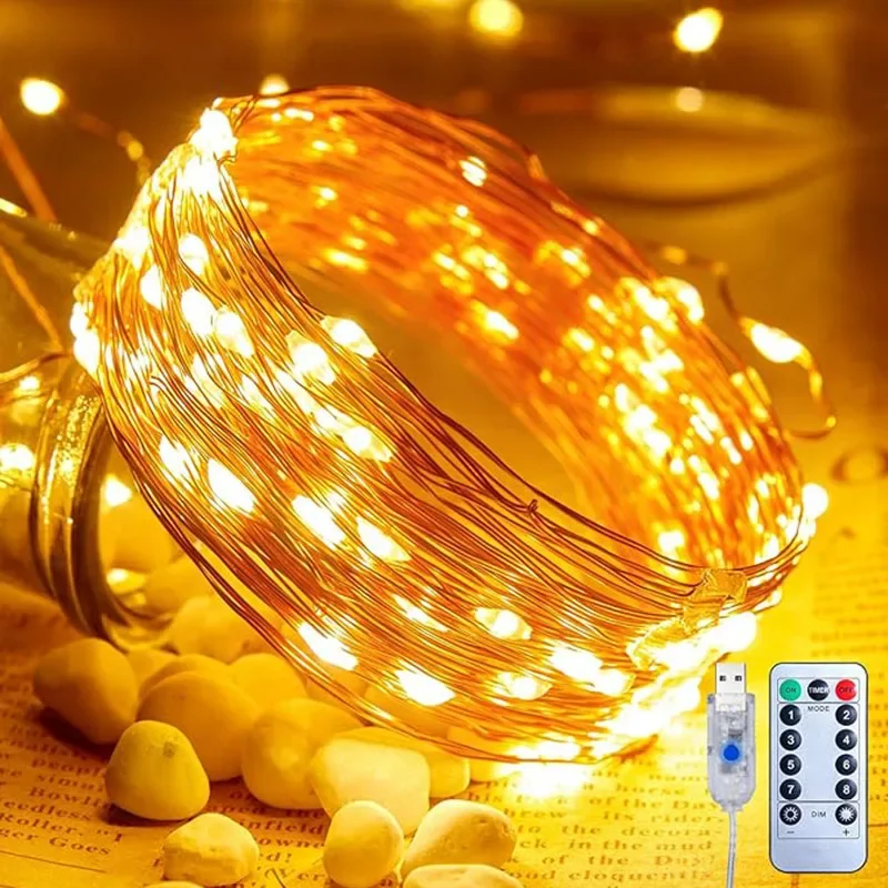 2M/5M/10M LED Copper Wire String Lights USB Plug-in Fairy Light with Remote 8 Modes Lights Waterproof Christmas Lamp Home Decor