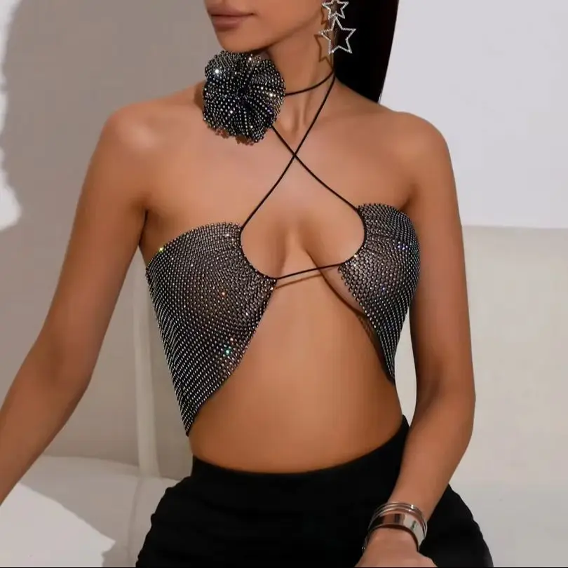Glitzer-Strass-Netz-Neckholder-BH mit 3D-Blumen-Choker, Damen Sommer Strand Crop Tops, Sexy Nachtclub-Outfits, Gothic Netz-Camisole