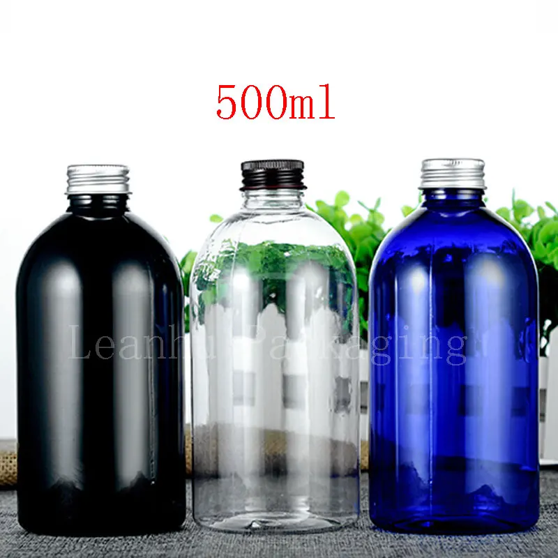 

500ml X 15 Empty Cosmetic PET Bottles With Aluminum Cap Big Plastic Container Cosmetics Packaging Container Clear Blue Black