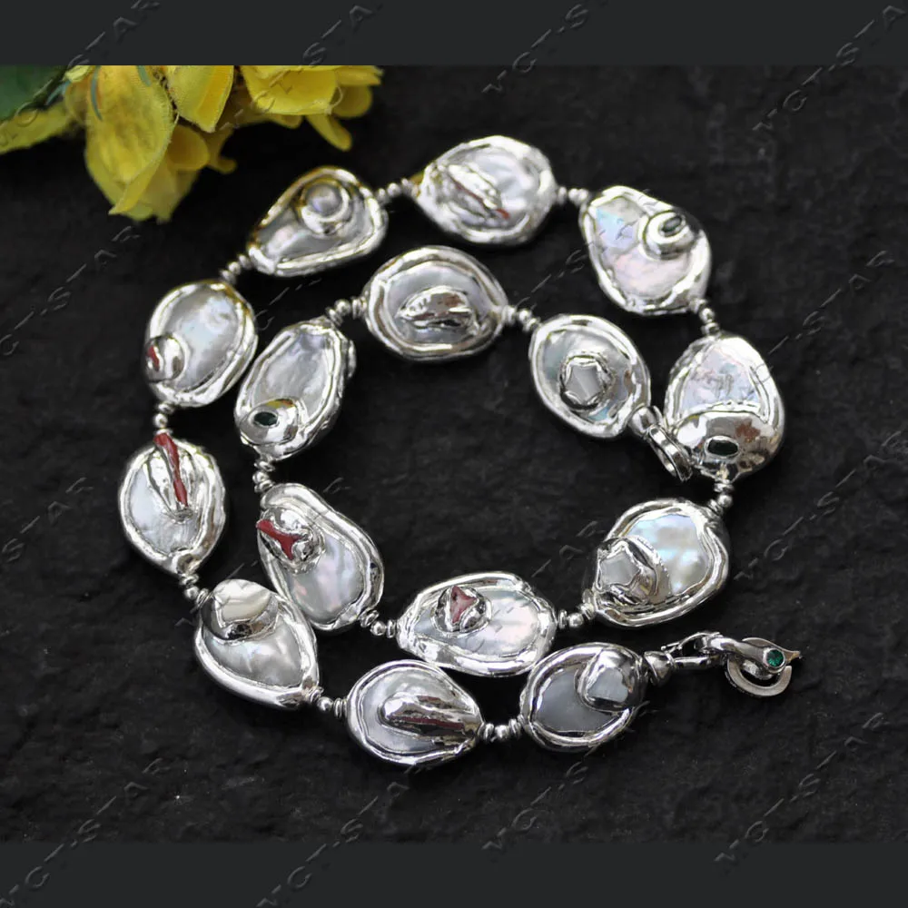 

MTC·STAR 17" 24mm White Drop Coin Freshwater Pearl Gilding silver Gemstone Necklace CZ (Z14315)