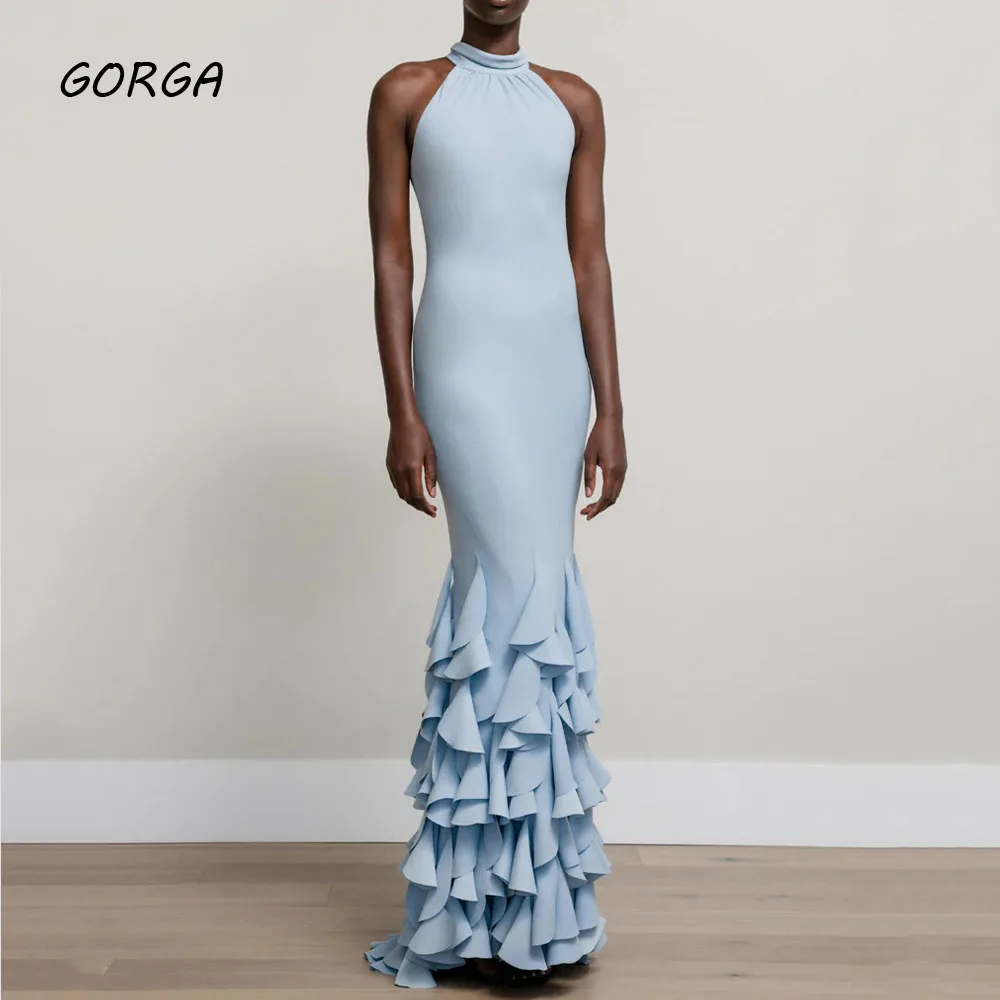 

GORGA Blue Halter Ruffles Mermaid 2024 Slim Backless Crepe Ocassion Gown Floor-Length Evening Dress فستان سهرة نسائي