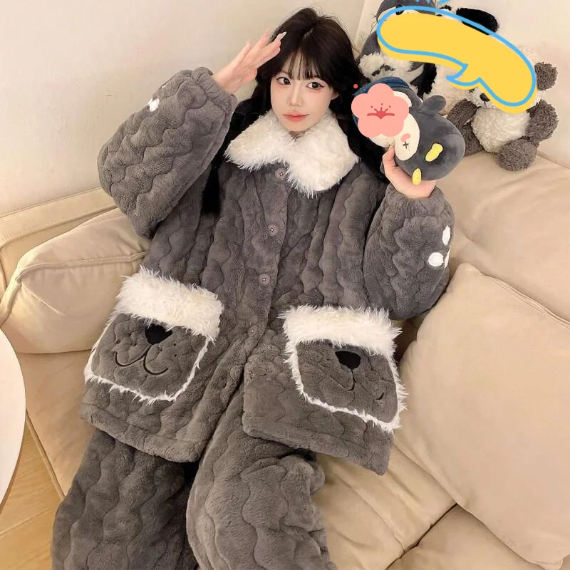 Pijamas de mujer, ropa de dormir cómoda, conjunto de pijama de algodón, invierno, otoño, acolchado, oso coreano, forro polar Coral, traje para casa grueso y cálido para adolescentes