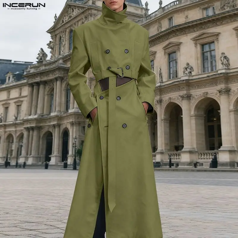 

INCERUN мужской длинный стильный Тренч с однотонными лацканами и длинными рукавами, двубортные мужские пальто, уличная одежда, свободная модная ветровка с вырезами