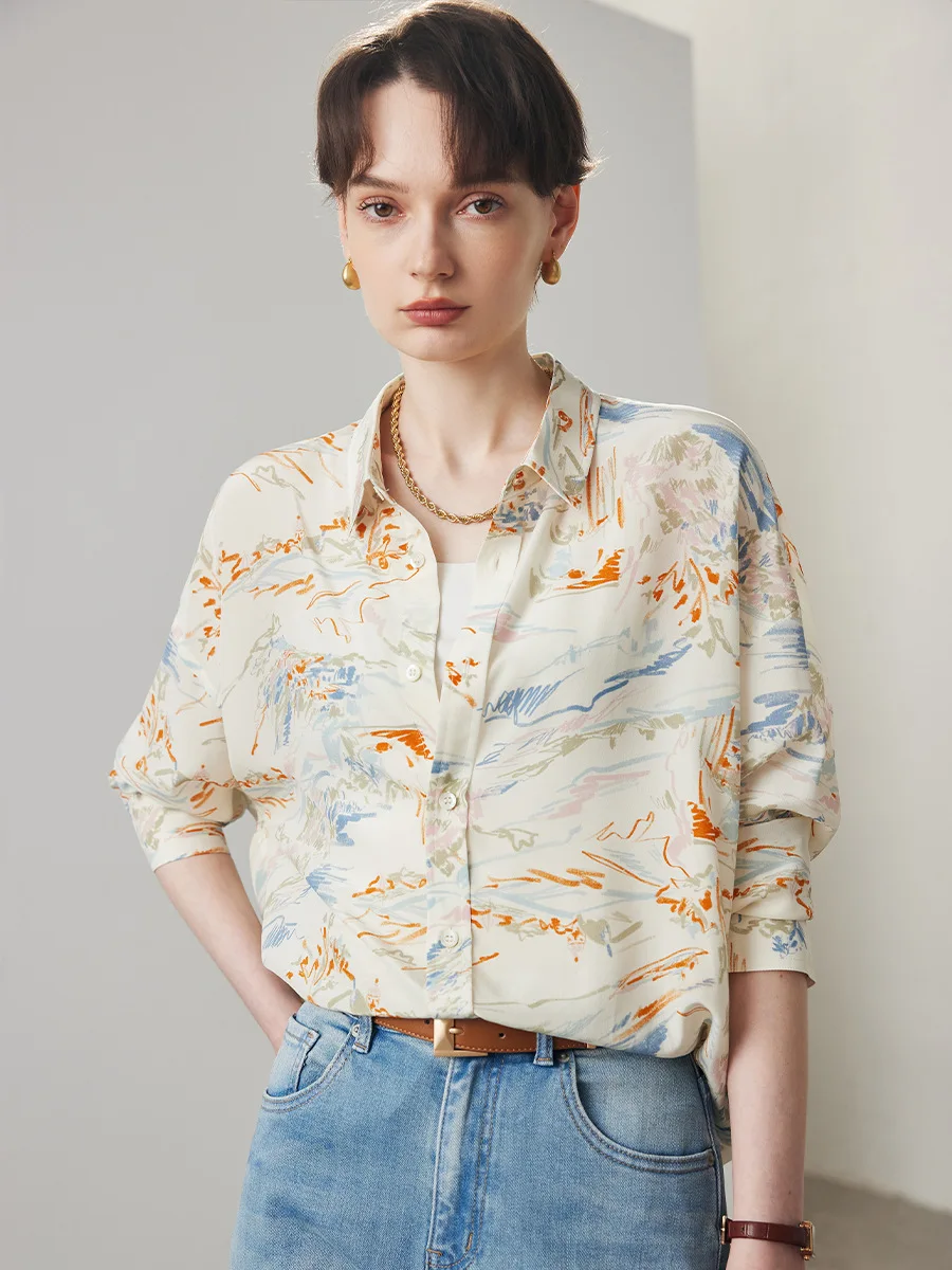 SuyaDream Women Printed Bloused, 100%Silk Crepe De Chine, Turn Down Collar Chic Shirts, 2024 Summer Casual Loose Top