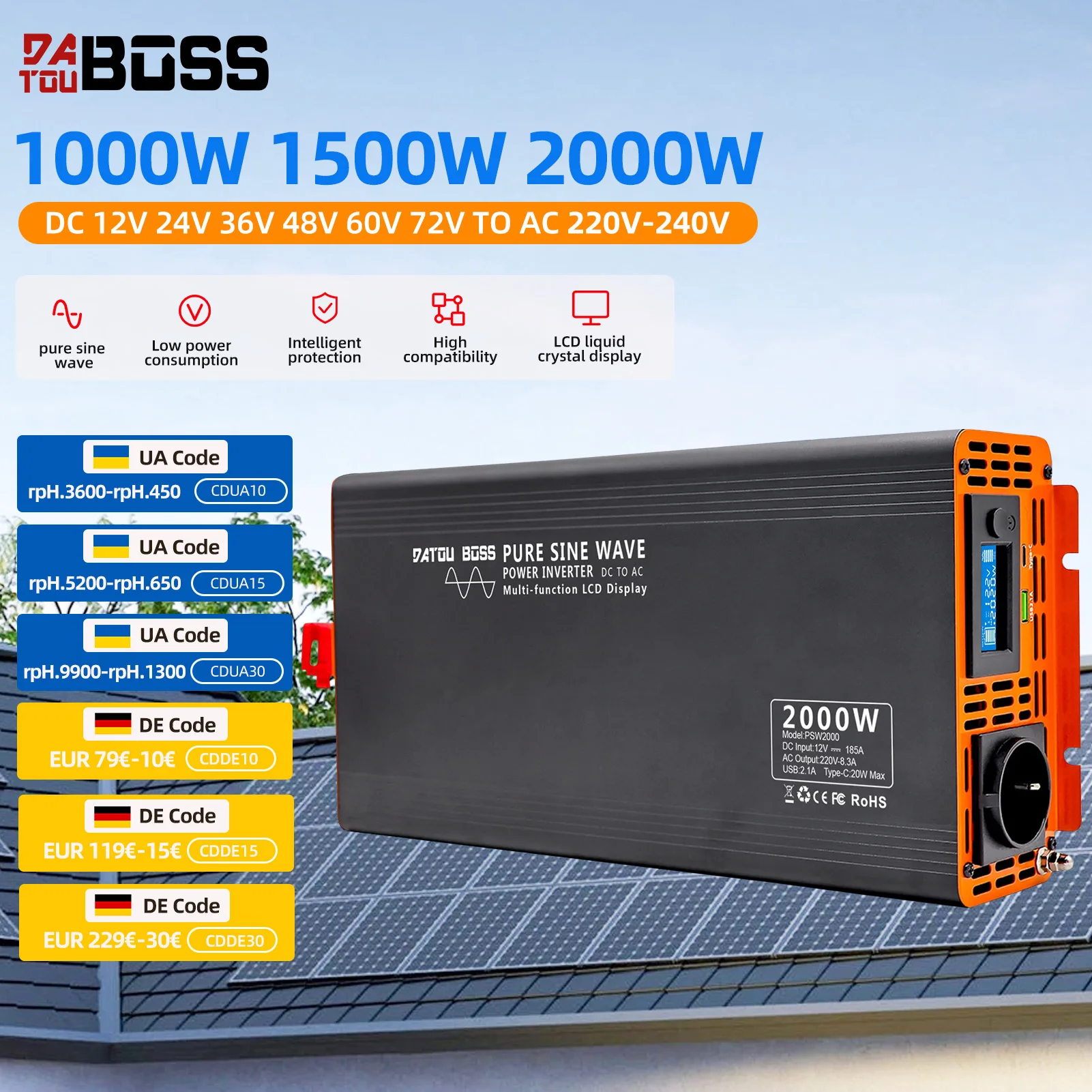 DATOUBOSS Pure Sine Wave Inverter 4000W DC 12V 24V 36V 48V 60V 72V to AC 220V 240V  Continuous Power 2000W With LCD Inverter