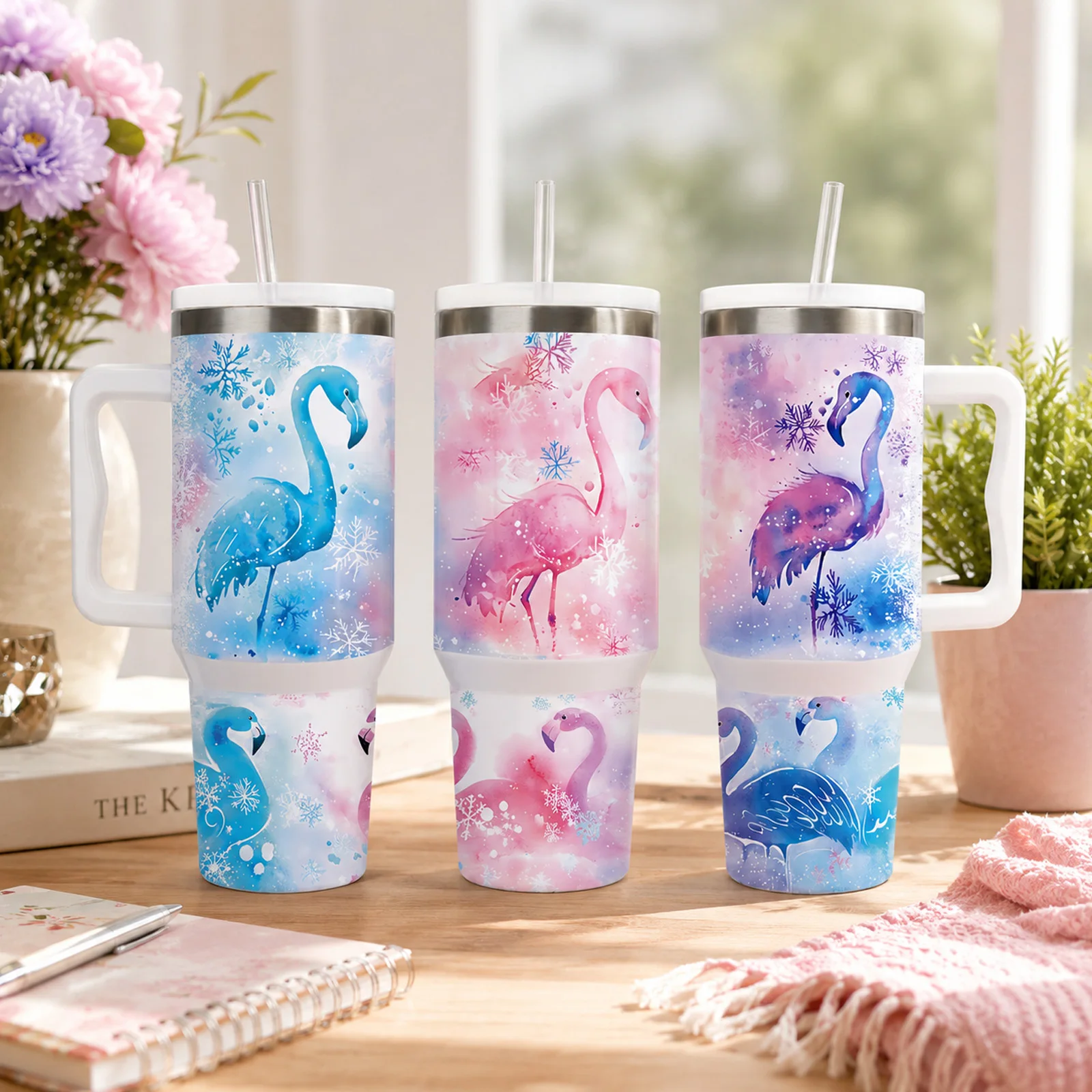 Mikenda 1pc 40oz Pink Blue Flamingo Tumbler, Watercolor Flamingo Snowflake Print Stainless Steel Insulated Cup with Handle Straw Lid, Leakproof Travel Water Bottle for Car Office Outdoor Daily Drinks, Birthday Gift for Friends Family