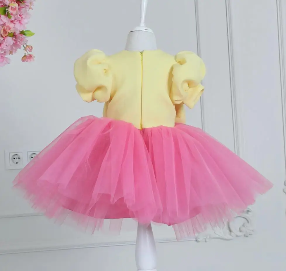 Princess Flower Girl Dress Yellow Pink Short Sleeve Puffy With Bow Baby Kids Birthday Prom Ball Gown First Communion Dress