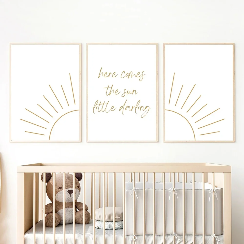 Modern Minimalist Nursery Wall Art Prints, Here Comes the Sun, Quote Poster, Boho Kids Room Decor, Canvas Painting, Baby Shower