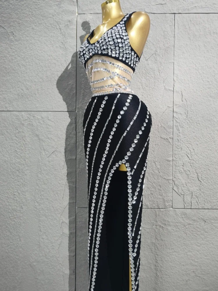 فستان طويل مغرية بأحجار الراين اللامعة الشبكية المقسمة للاحتفال بالسهرات وحفلات أعياد الميلاد وملابس التقاط الصور زي الأداء #4
