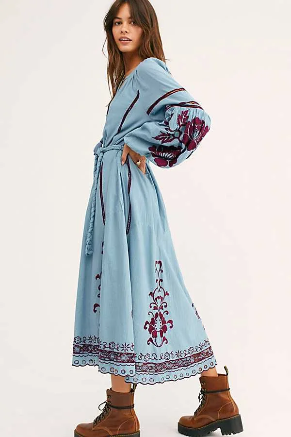 Laterne Langarm Tunika Kleid Frauen Vintage Ethnische Blumen Stickerei Blau Baumwolle Rayon Herbst Kleider Vestidos Boho Robe